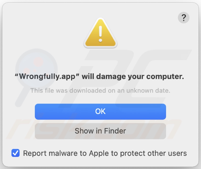 Pop-up weergegeven wanneer Wrongfully.app adware is gedetecteerd op het systeem