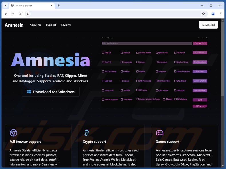 Amnesia malware promotiewebsite