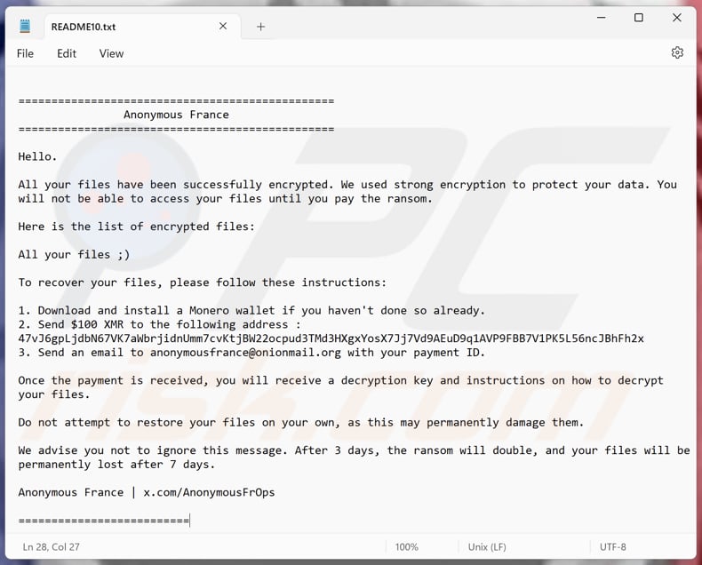 Anonymous France ransomware tekstbestand (README1.txt - README10.txt)