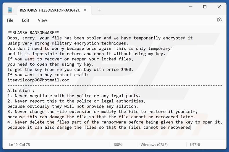 BLASSA ransomware losgeldbrief (RESTORES_FILESDESKTOP-[random_string].txt)