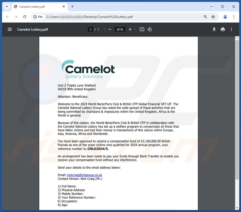 Camelot Lottery Solutions spam e-mailcampagne