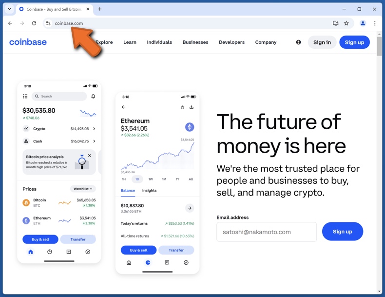 Uiterlijk van de echte Coinbase website (coinbase.com)