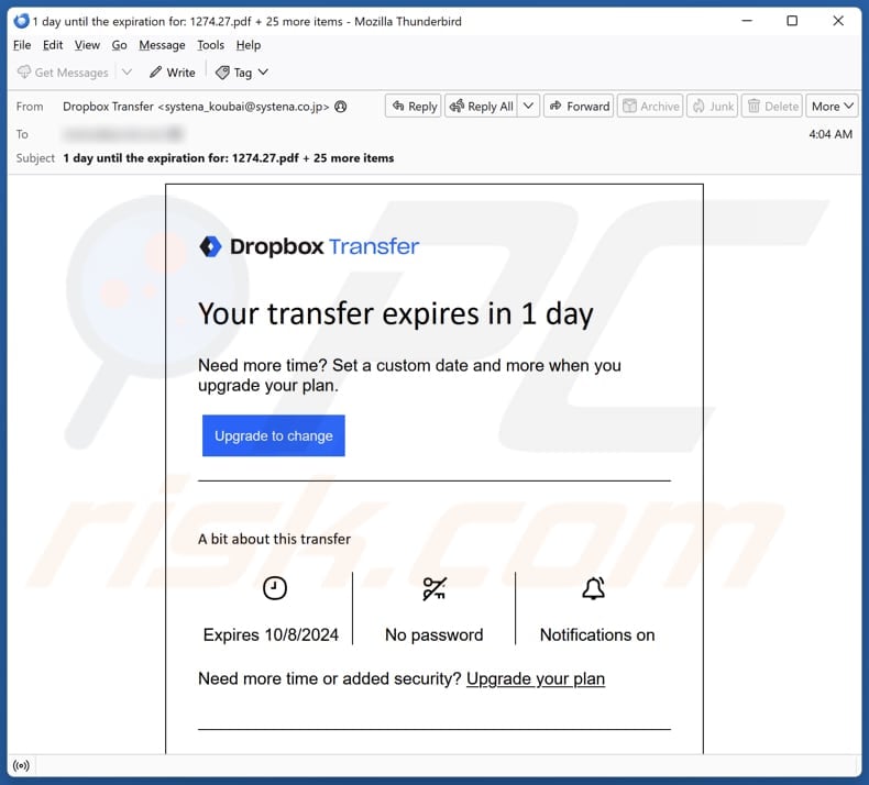 Dropbox - Your Transfer Expires spam e-mailcampagne