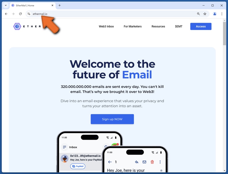 Uiterlijk van de echte EtherMail website (ethermail.io)