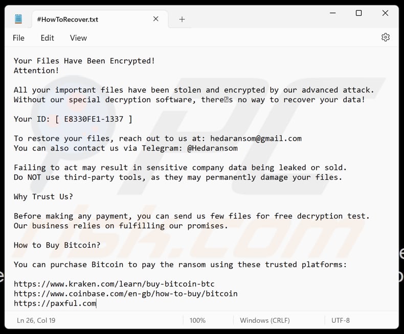 Heda ransomware tekstbestand (#HowToRecover.txt)