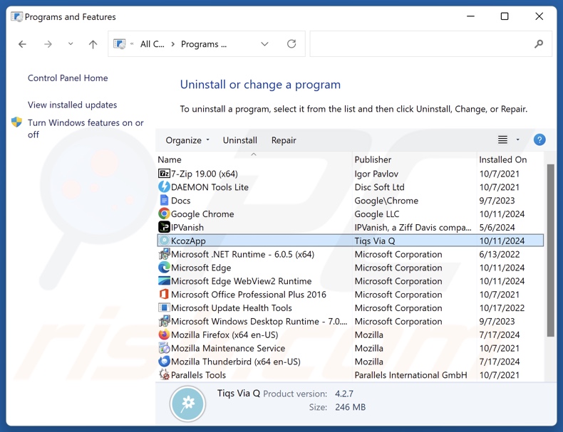 KcozApp verwijderen via Control Panel