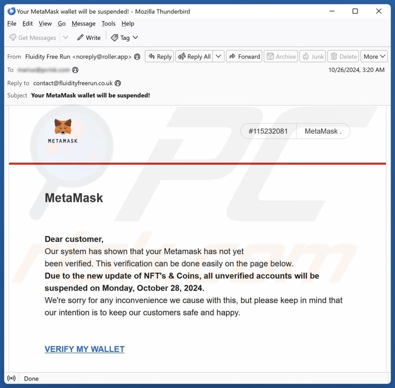 MetaMask Wallet Verification spam e-mailcampagne