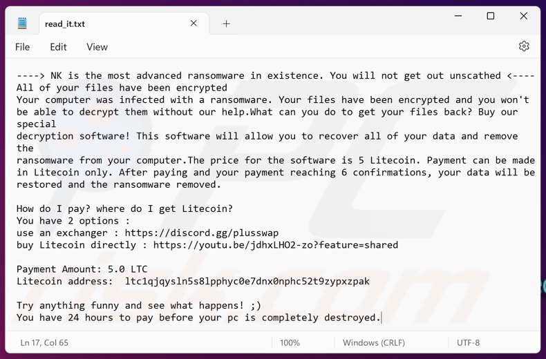 NK ransomware losgeldbrief (read_it.txt)