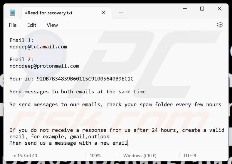 NoDeep ransomware tekstbestand (#Read-for-recovery.txt)