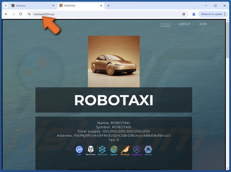 Verschijning van website (robotaxi2024[.]xyz) die ROBOTAXI ($TAXI) oplichterij promoot