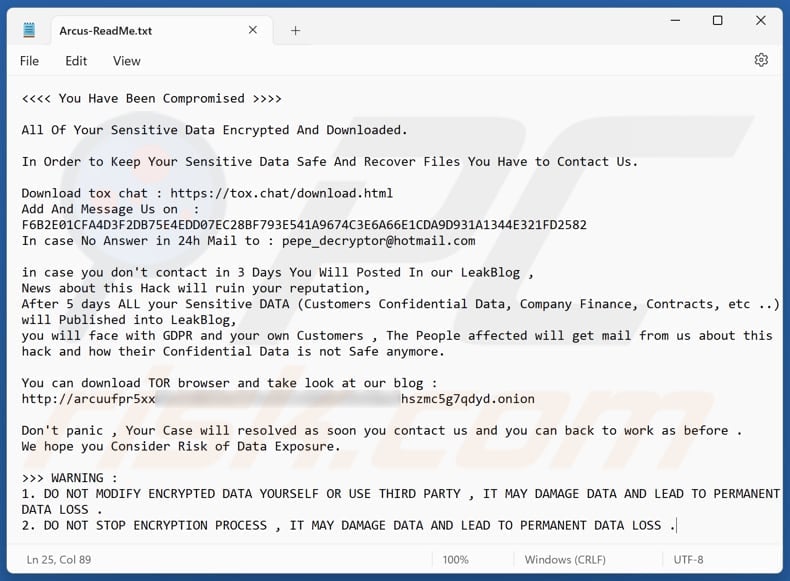 Arcus ransomware losgeldbrief tweede variant (Arcus-ReadMe.txt)