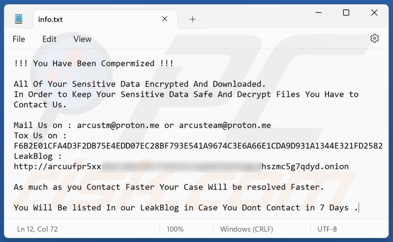 Arcus ransomware tekstbestand (info.txt)