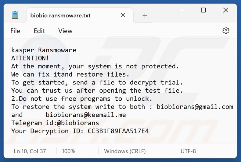 Biobio (Kasper) ransomware losgeldbrief (biobio ransmoware.txt)