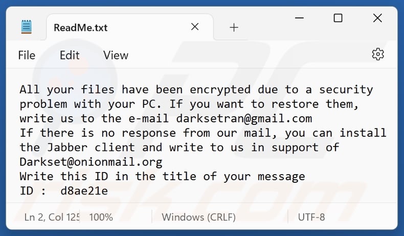 DARKSET ransomware losgeldbrief (ReadMe.txt)