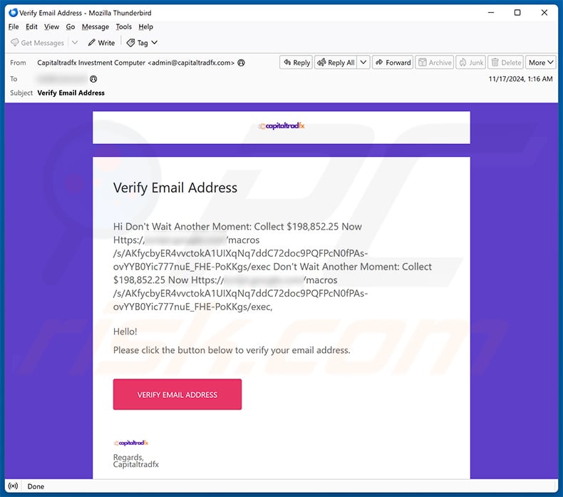 Spam e-mail gebruikt om deze valse BitPay-site te promoten (voorbeeld 3)