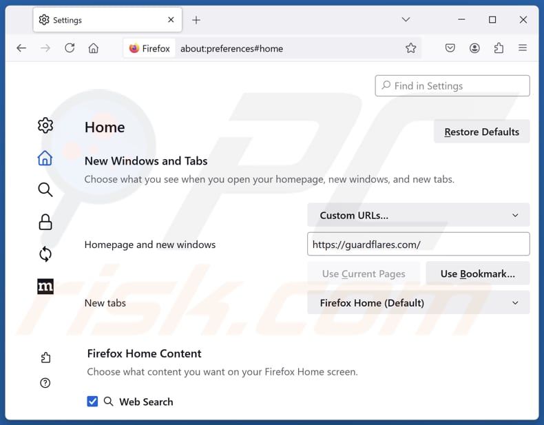 Guardflares.com verwijderen uit de startpagina van Mozilla Firefox