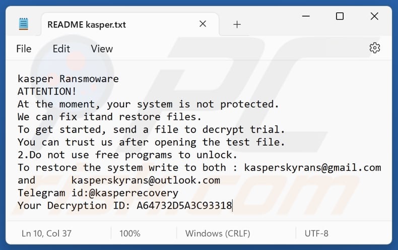 Kasper ransomware tekstbestand (README kasper.txt)