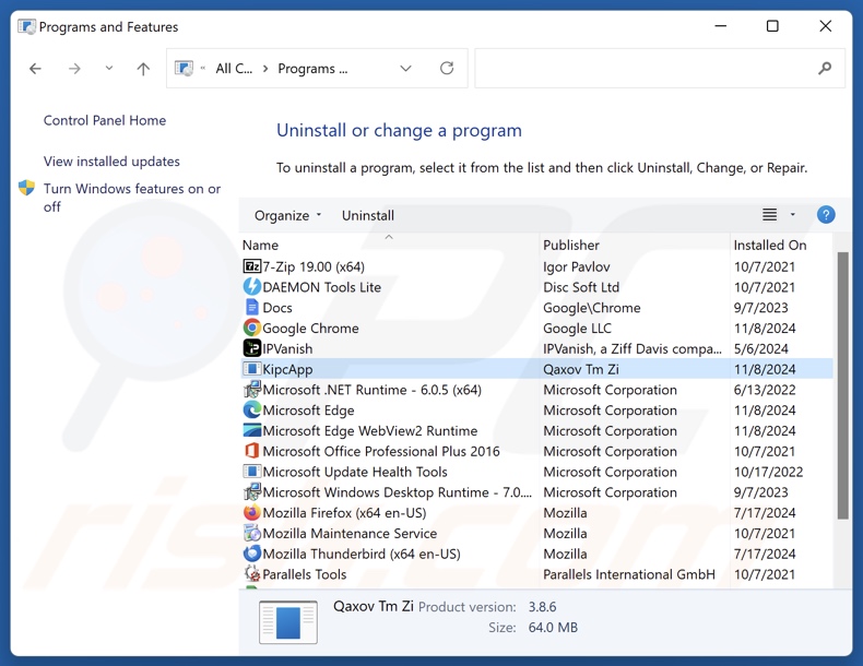 KipcApp verwijderen via Control Panel
