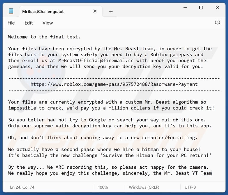 MrBeast ransomware tekstbestand (MrBeastChallenge.txt)