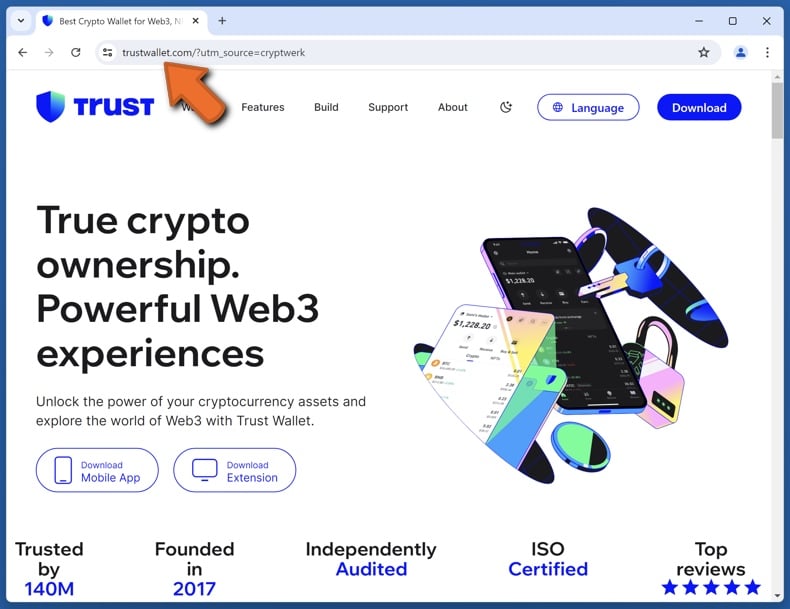 Verschijning van de echte Trust Wallet website (trustwallet.com)