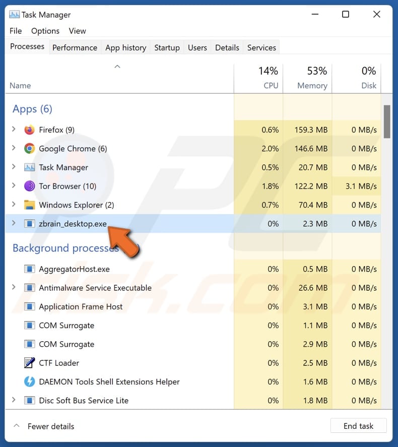 Violent_shark schadelijke extensie die in taakbeheer wordt uitgevoerd als zbrain_desktop.exe