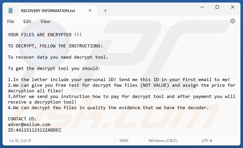 Adver ransomware tekstbestand (RECOVERY INFORMATION.txt)