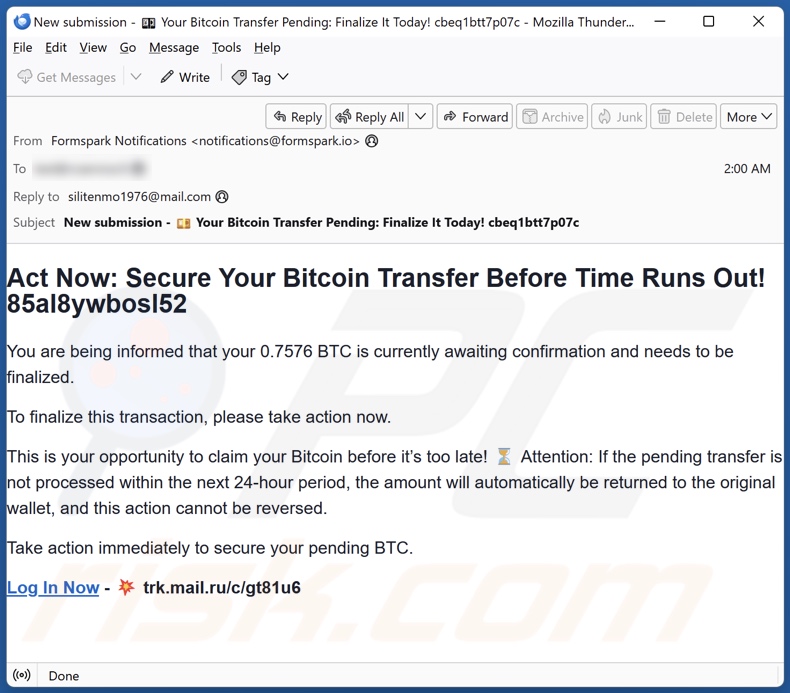 Blockchain.com Money Transfer oplichtingspromotie e-mail