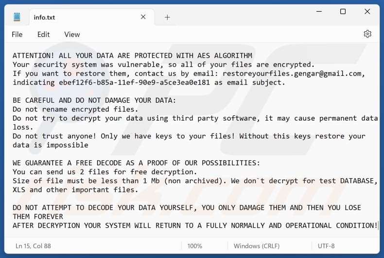 Gengar ransomware tekstbestand (info.txt)