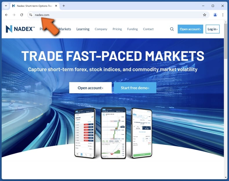 Uiterlijk van de echte Nadex website (nadex.com)