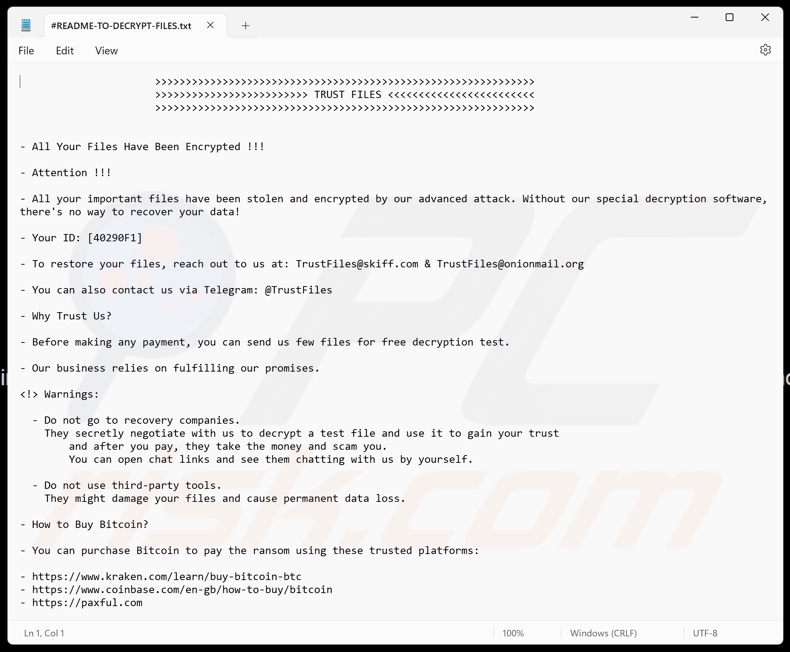 TRUST FILES ransomware tekstbestand (#README-TO-DECRYPT-FILES.txt)