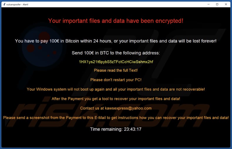 Vulcan ransomware losgeldbrief (pop-up raam)