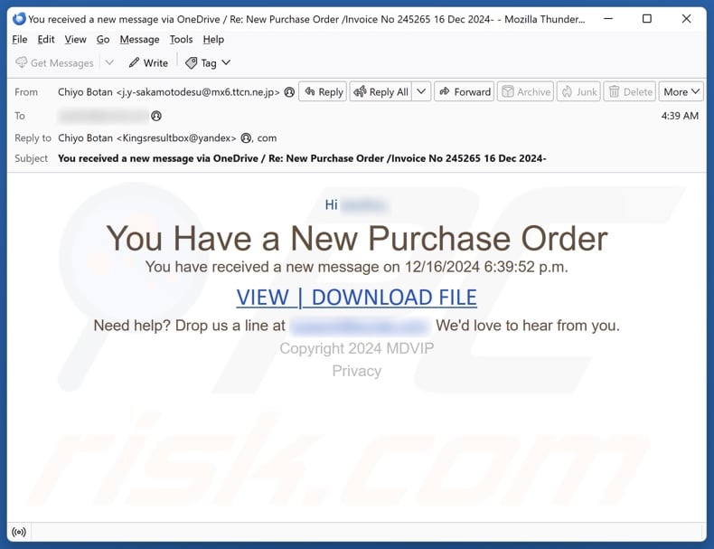 You Have A New Purchase Order spam e-mailcampagne