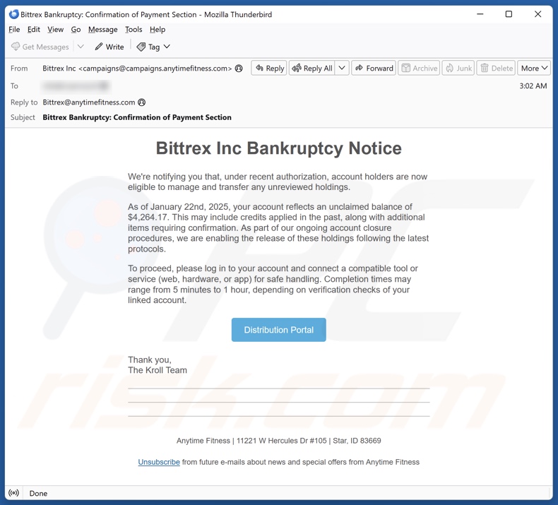 Bittrex Inc Bankruptcy Notice spam e-mailcampagne