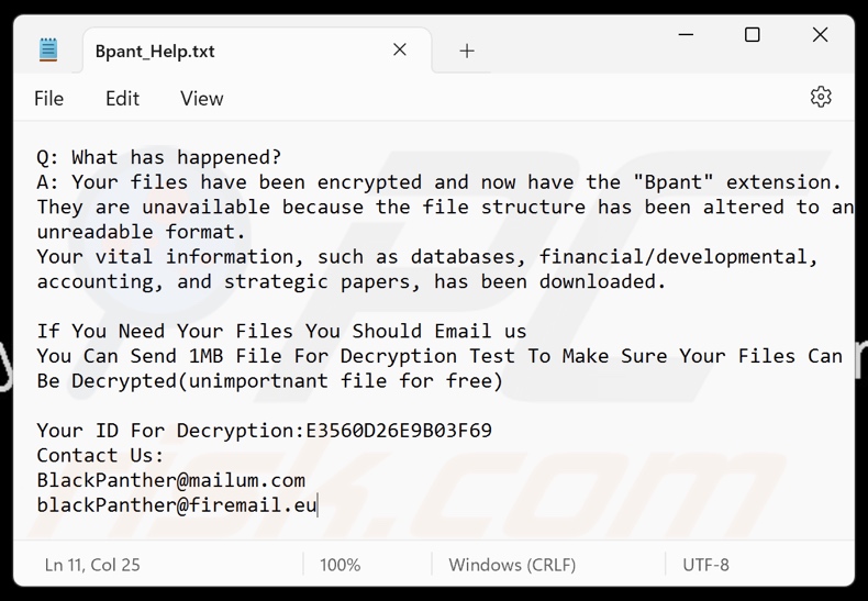 BlackPanther ransomware losgeldbrief (Bpant_Help.txt)