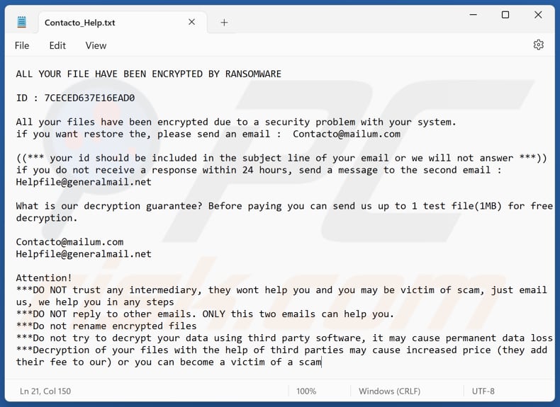 Contacto ransomware tekstbestand (Contacto_Help.txt)