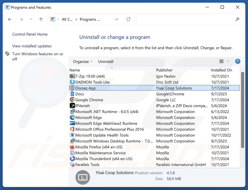 Disoaq App verwijderen via Control Panel