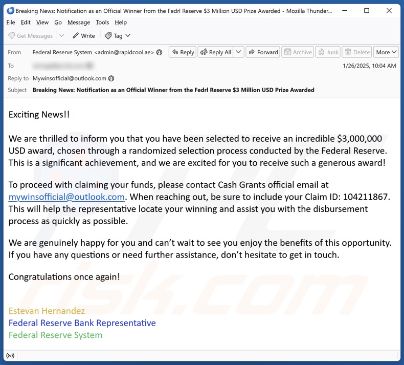 Federal Reserve Award spam e-mailcampagne