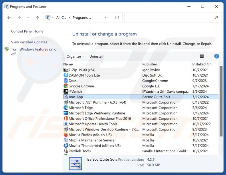 Joas App verwijderen via Control Panel