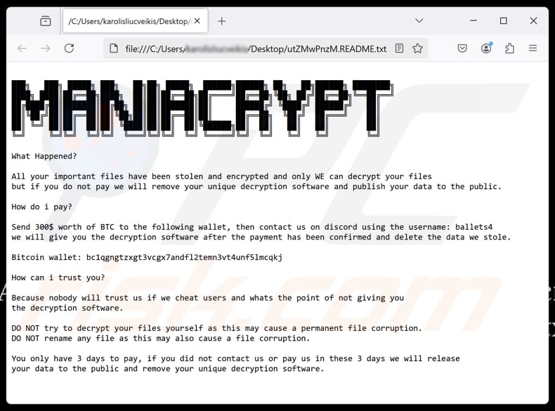 Mania Crypter ransomware tekstbestand ([random_string].README.txt)