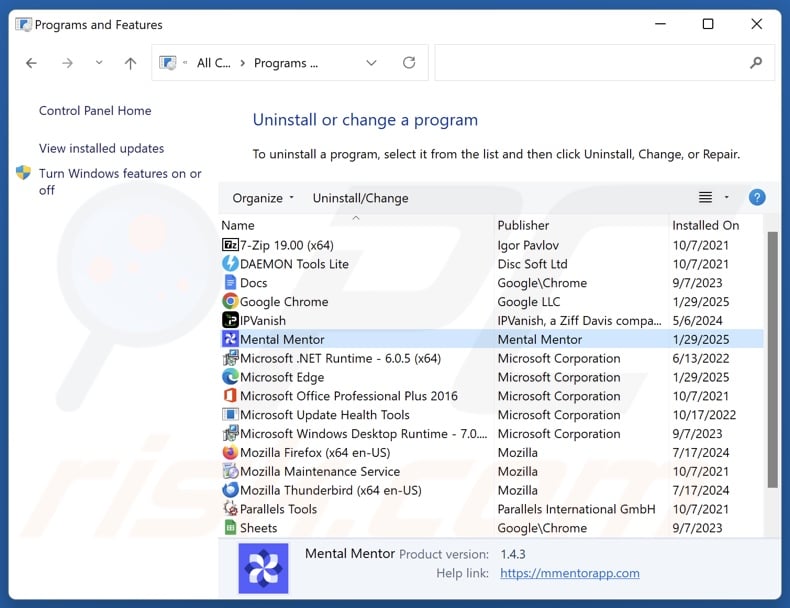 Mental Mentor verwijderen via Control Panel