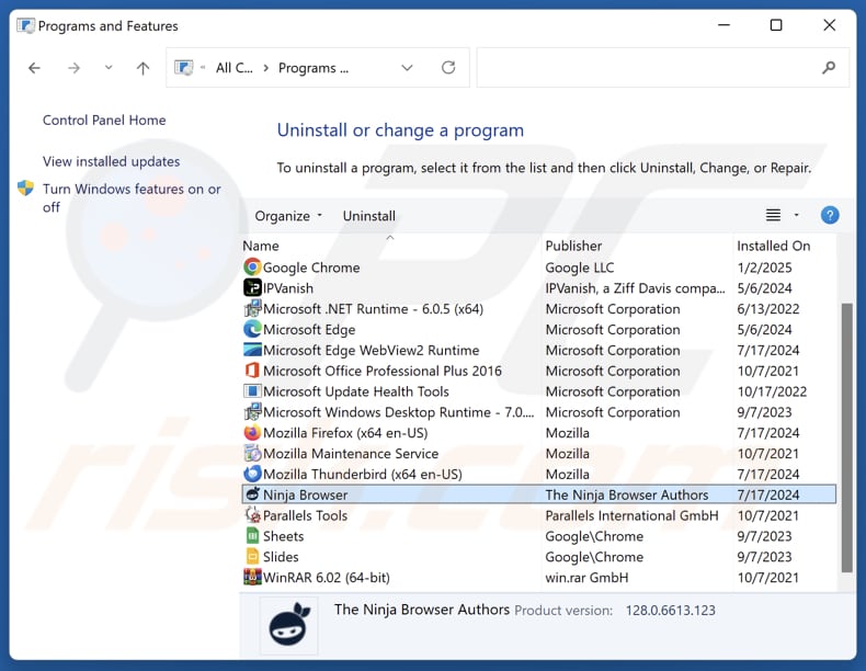Ninja Browser verwijderen via Control Panel