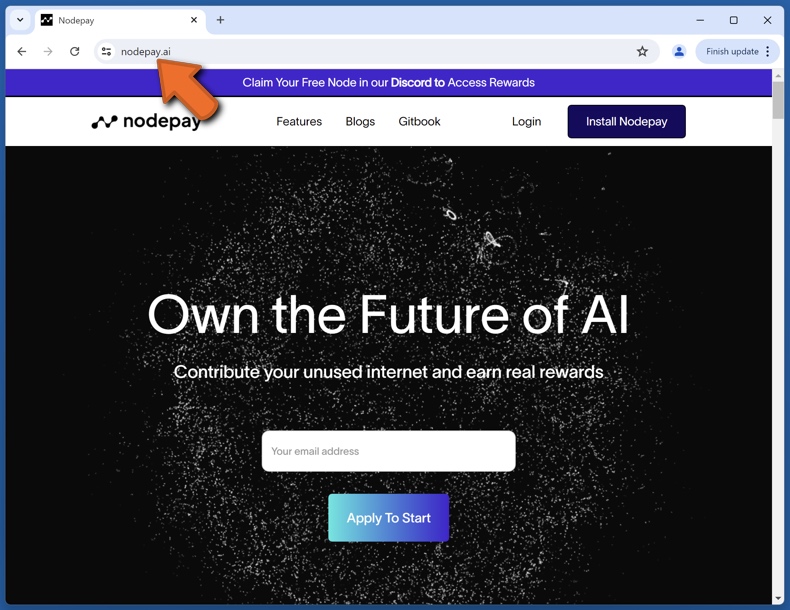 Uiterlijk van de echte Nodepay website (nodepay.ai)