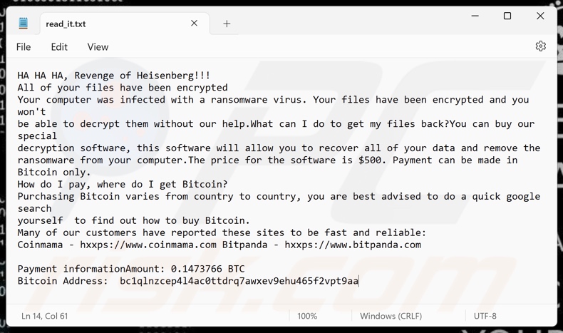 Revenge Of Heisenberg ransomware variant op losgeldbrief (read_it.txt)