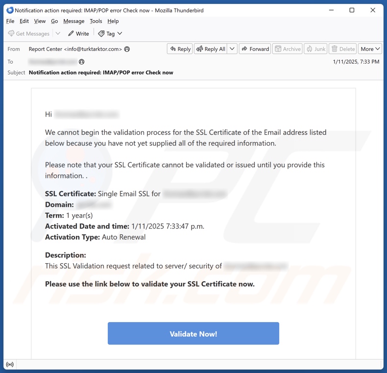 Validation Process For The SSL Certificate spam e-mailcampagne