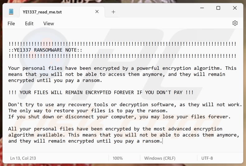 YE1337 ransomware tekstbestand (YE1337_read_me.txt)