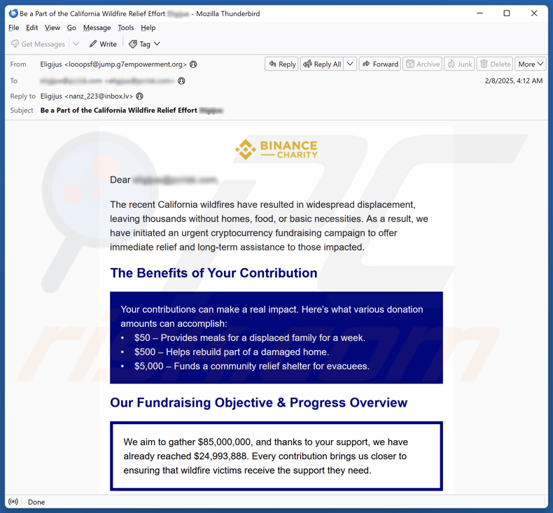 Binance Charity - California Wildfires Fundraiser spam e-mailcampagne