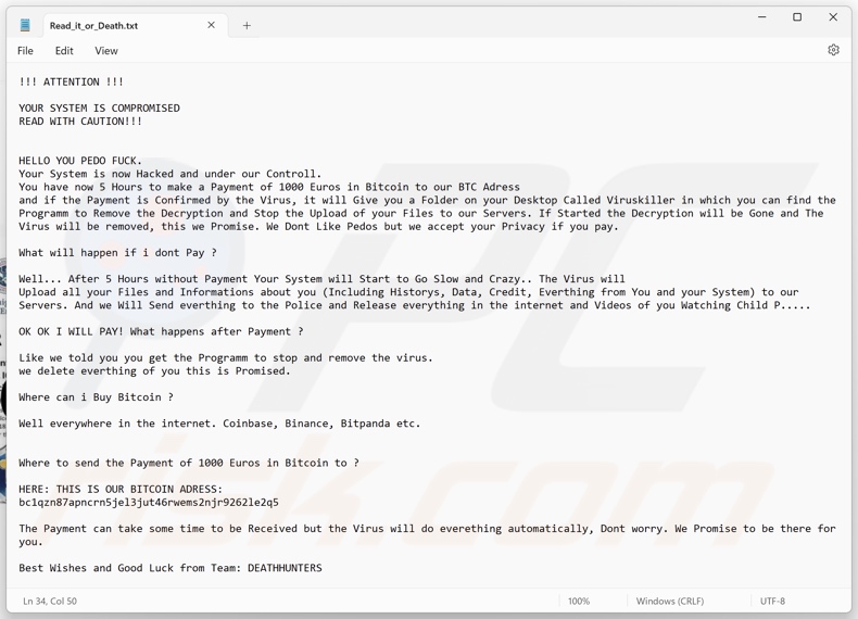 DeathHunters ransomware losgeldbrief (Read_it_or_Death.txt)