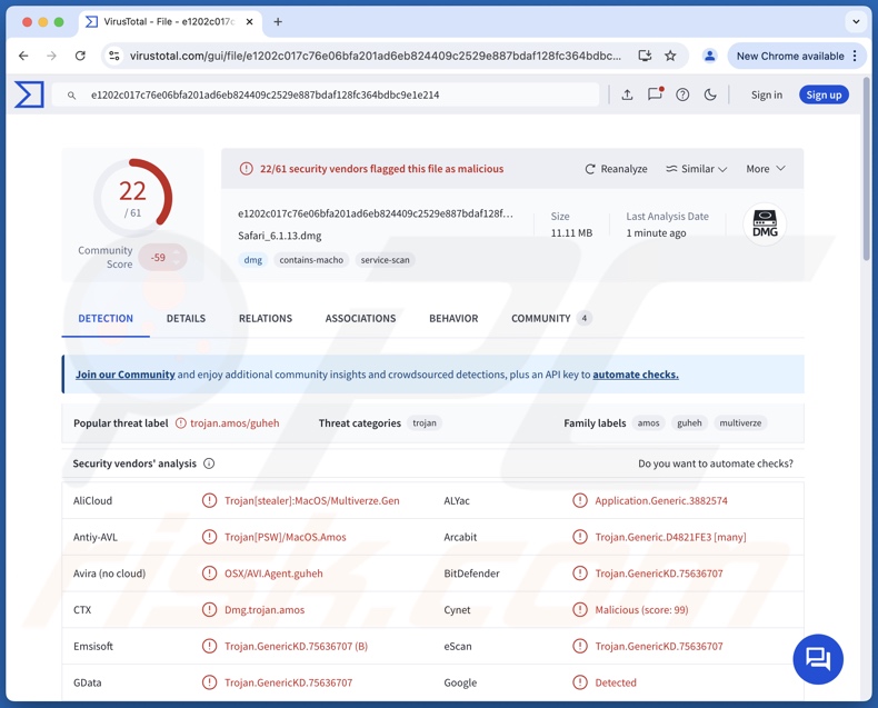 FrigidStealer malware detecties op VirusTotal