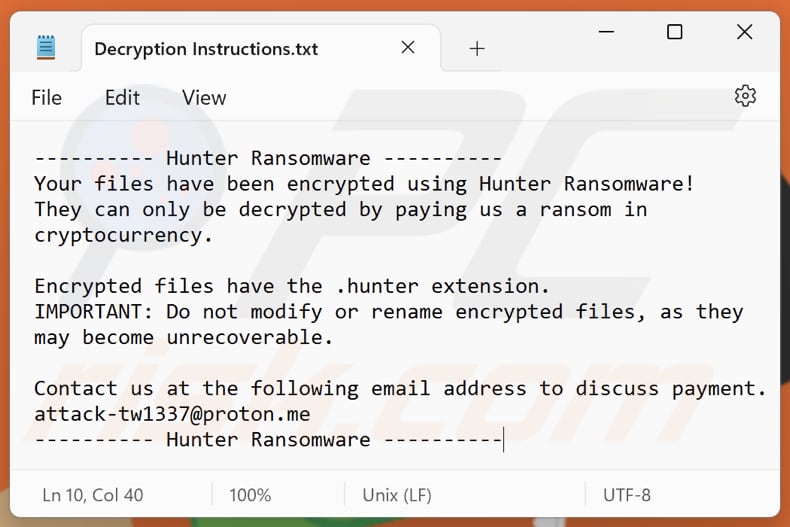 Hunter ransomware tekstbestand (Decryption Instructions.txt)