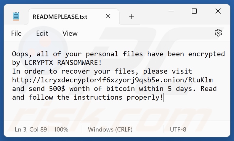 LCRYPTX ransomware losgeldbrief (READMEPLEASE.txt)